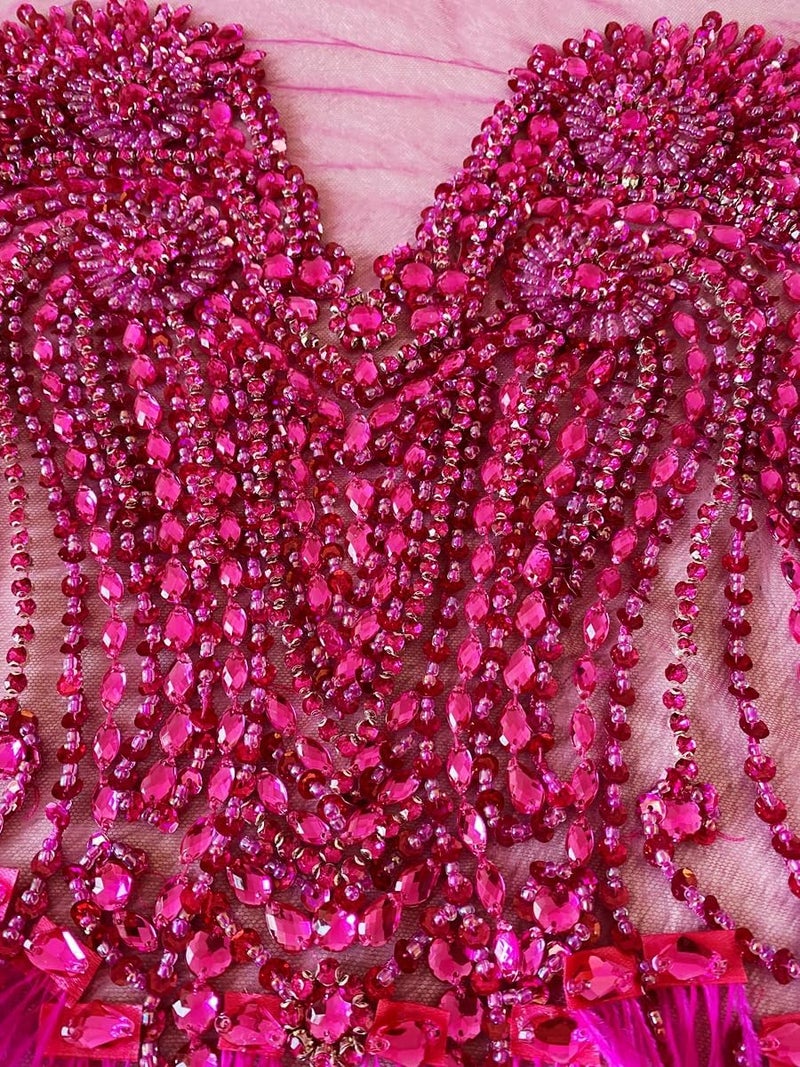 Zbroh Beautiful Ostrich fur decoration large full bodice applique pure handsewing rhinestones beads lace trim patches - Image 5